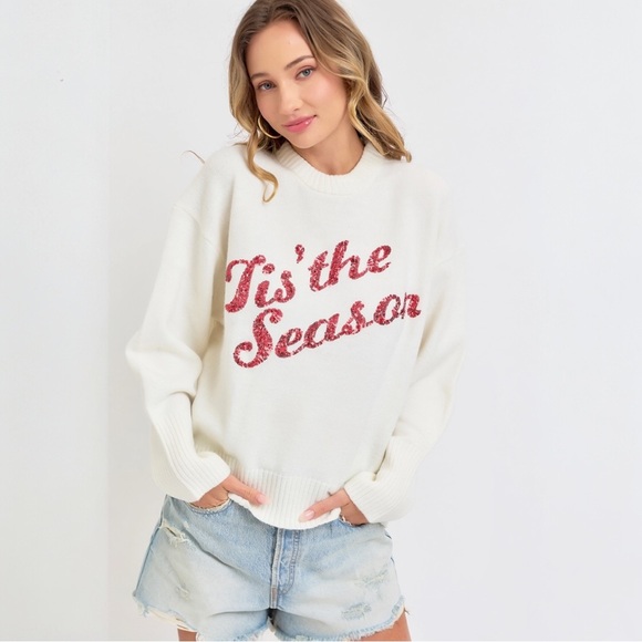 Sequins Lettering Christmas Holiday Sweater Top - Picture 2 of 8